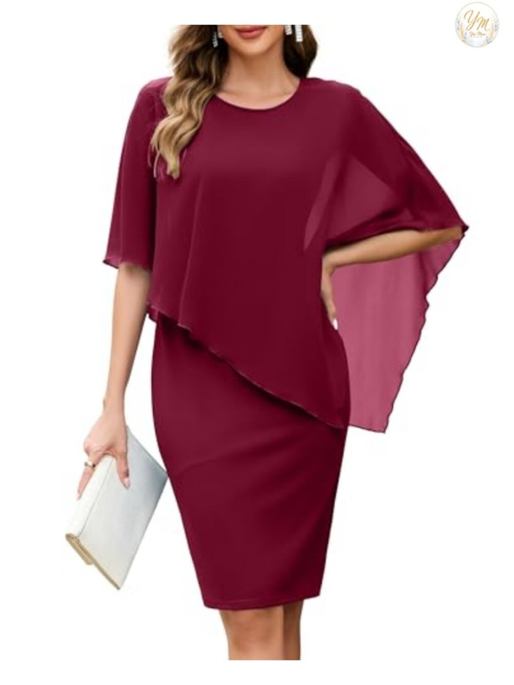 Chiffon Cape Sleeveless Cocktail Bodycon Midi Dress Wedding Guest